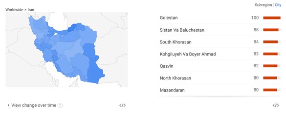 در این نمودار میزان دانلود فیلم در استان های مختلف کشور نشان داده شده است. در استان هایی که رنگ آبی پررنگ تری به چشم می خورد، فراوانی دانلود فیلم بیش از سایر استانهاست.